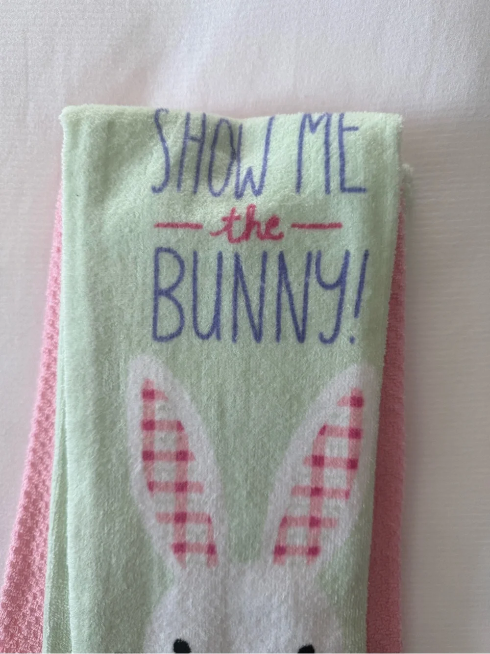 Show Me the Bunny! Easter Bunny Kitchen Towel - Pink & Mint
